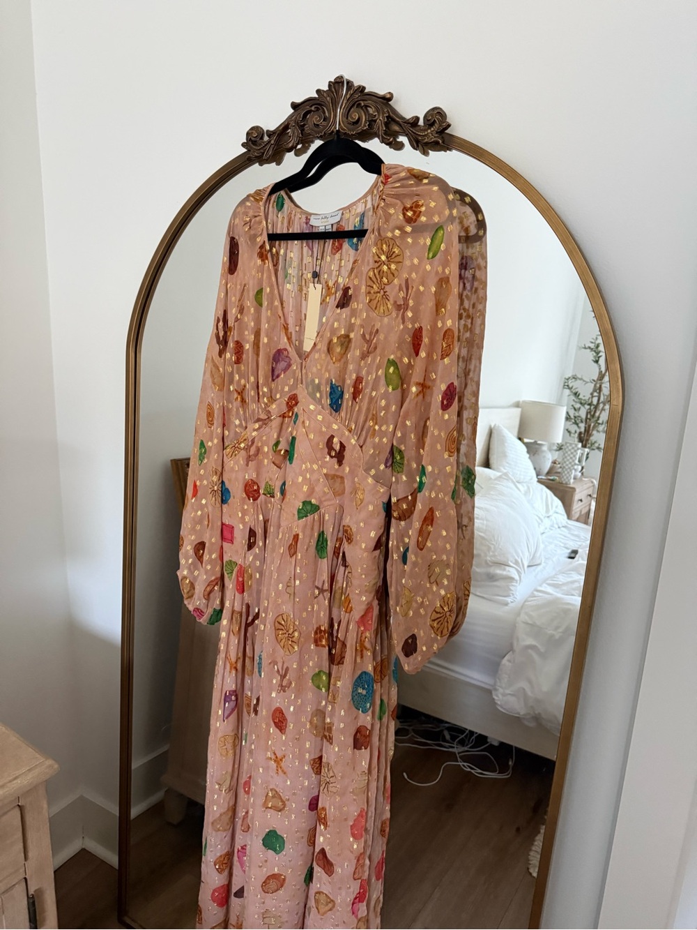 Never Fully Dressed Peach Maxi Dress with Multicolor Shells and Gold